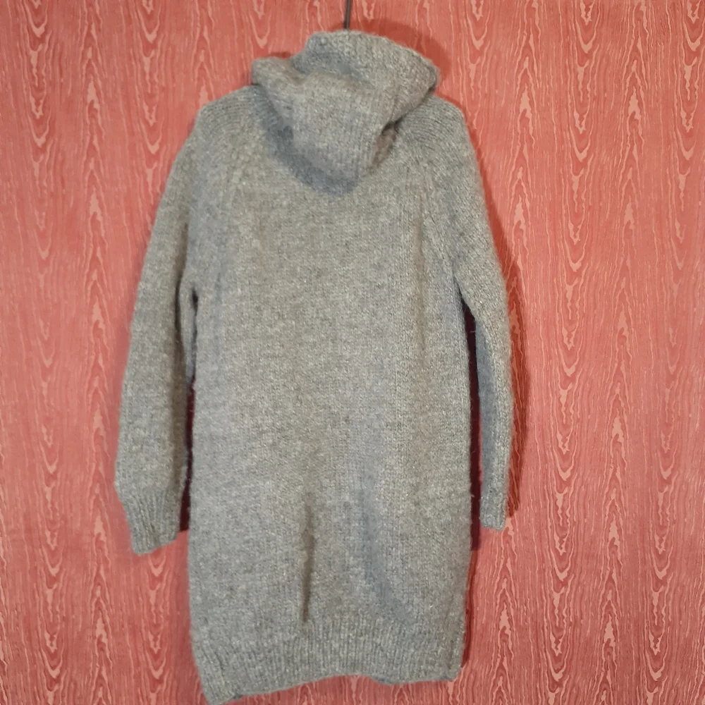 PURE 100% WOOL/KARPAS KNITTED HOODED BUTTON DOWN SWEATER CARDIGAN GRAY WOMEN'S - Picture 3 of 14
